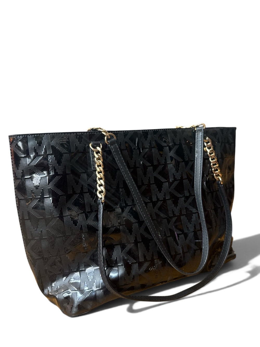 Michael Kors Black Patent Logo Tote Bag Gold Chain Shoulder Bag